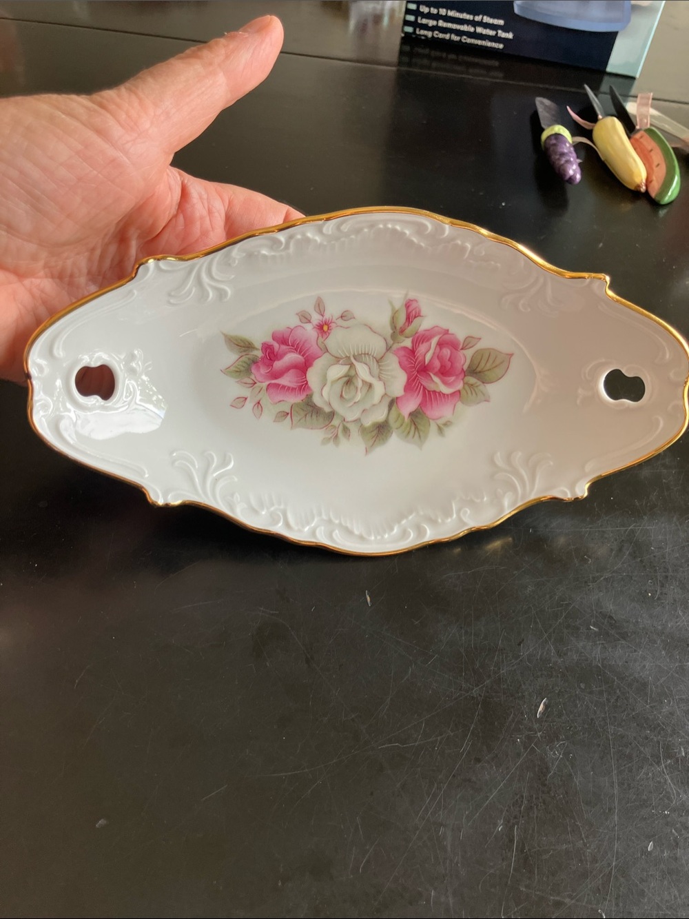 Floral Gold-Trim Porcelain Handled Tray